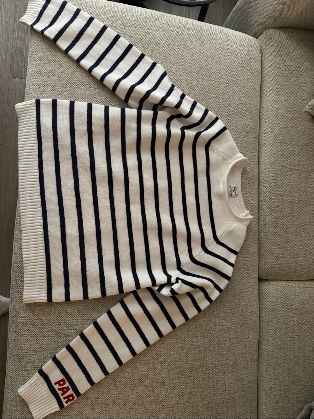 Striped Crewneck Sweater with 'PARKE' Sleeve Detail